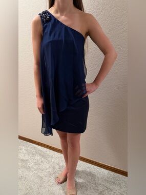 Xscape Ladies 4 Navy Blue One-Shoulder Beaded Cocktail Dress Sheer Overlay NWT